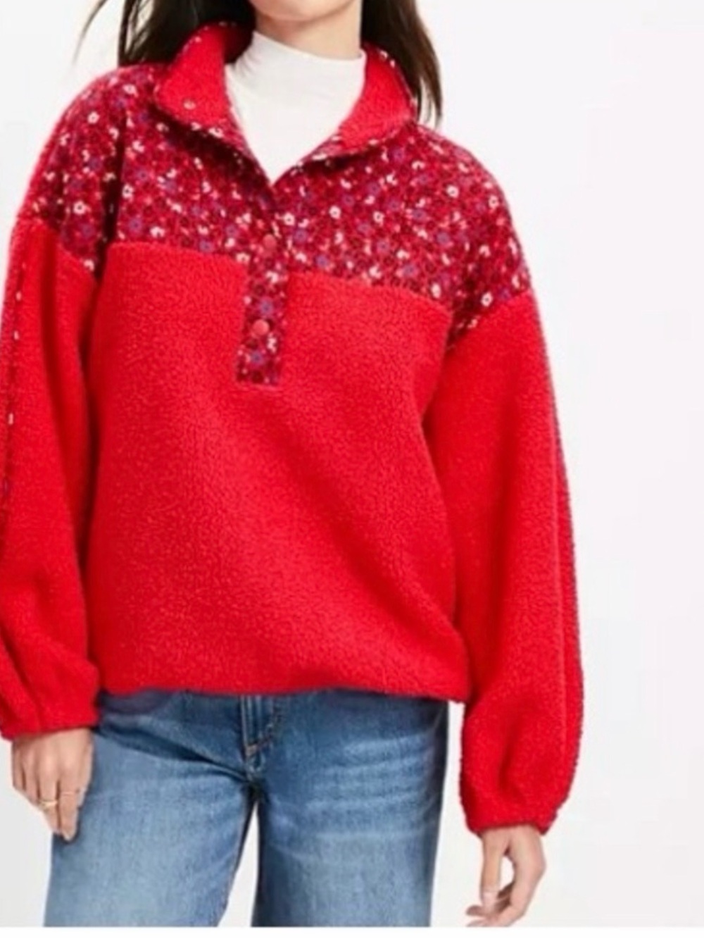 LOFT Women’s Red Sherpa Fleece Floral Yoke Snap Neck Pullover Sweatshirt-Size S